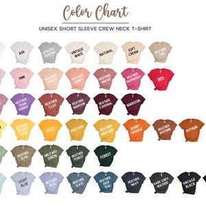 May include: Color chart showing 36 different t-shirt colors, including white, black, red, blue, green, yellow, and many shades of heather.