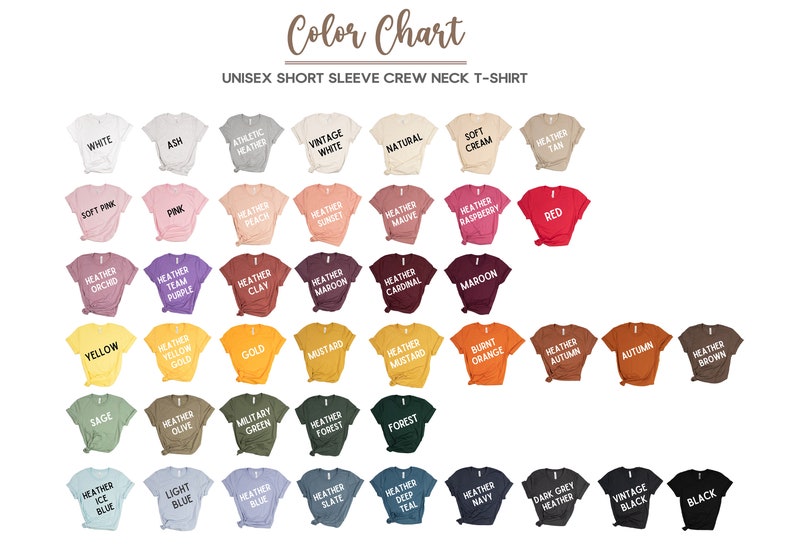 May include: Color chart showing 36 different t-shirt colors, including white, black, red, blue, green, yellow, and many shades of heather.