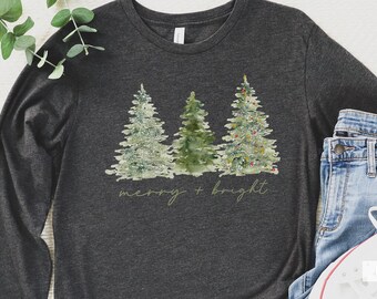 Christmas Shirts for Women, Christmas Long Sleeve Shirt, Christmas Tree Shirt, Holiday Shirts, Winter Shirt, long sleeve, Merry Bright