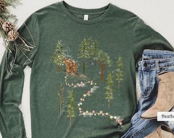 Bear Long Sleeve Shirt with Christmas Lights, Cute Bear Walking in Snowy Christmas Tree Forest, Holiday Winter Wildlife Tee, Xmas Gift