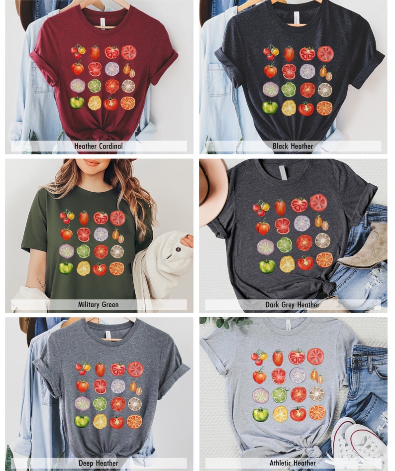 May include: Five different color t-shirts with a graphic print of a variety of sliced vegetables and fruits. The colors of the shirts are heather cardinal, black heather, military green, dark grey heather, and deep heather.