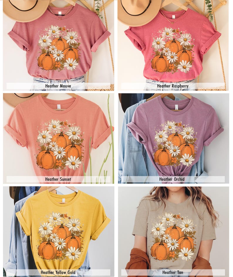 May include: Six different colored t-shirts with a graphic print of pumpkins and daisies. The t-shirts are available in Heather Mauve, Heather Raspberry, Heather Sunset, Heather Orchid, Heather Yellow Gold, and Heather Tan.
