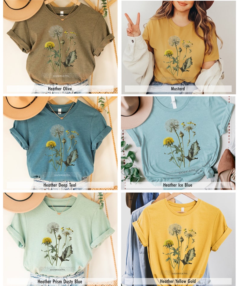 May include: Five different colored t-shirts with a vintage illustration of dandelions printed on the front. The colors are mustard yellow, heather olive, heather deep teal, heather ice blue, and heather prism dusty blue.