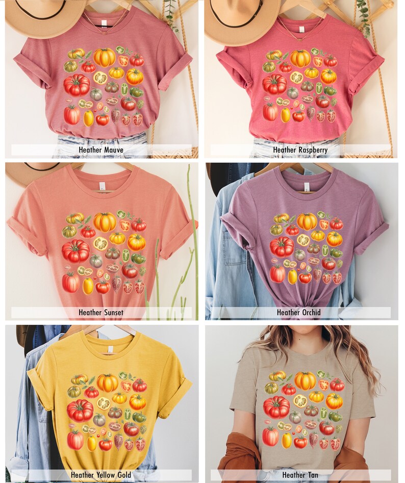 May include: Six different colored t-shirts with a graphic print of a variety of tomatoes, including red, yellow, and green tomatoes. The t-shirts are available in Heather Mauve, Heather Raspberry, Heather Sunset, Heather Orchid, Heather Yellow Gold, and Heather Tan.