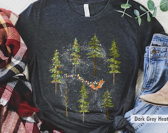 Festive Fox Running with Christmas Lights, Cute Holiday Animal T-Shirt, Fox Christmas Tree Design, Winter Wildlife Tee, Unique Xmas Gift