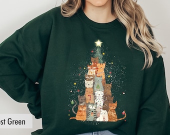 Christmas Cat Tree Sweatshirt, Cute Cat Christmas Sweatshirt, Cat Lover Gift For Christmas, Women Christmas Sweatshirt, Cat Mom Shirt