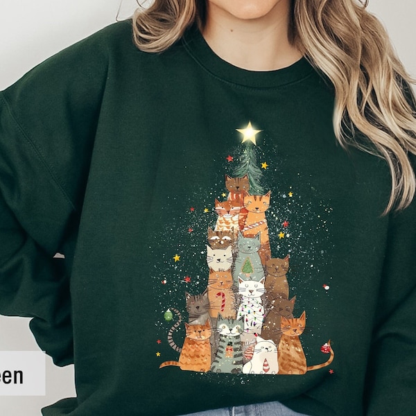 Christmas Cat Tree Sweatshirt, Cute Cat Christmas Sweatshirt, Cat Lover Gift For Christmas, Women Christmas Sweatshirt, Cat Mom Shirt