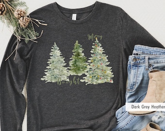 Christmas Shirts for Women, Christmas Long Sleeve Shirt, Christmas Tree Shirt, Holiday Shirts, Winter Shirt, long sleeve, Merry Bright