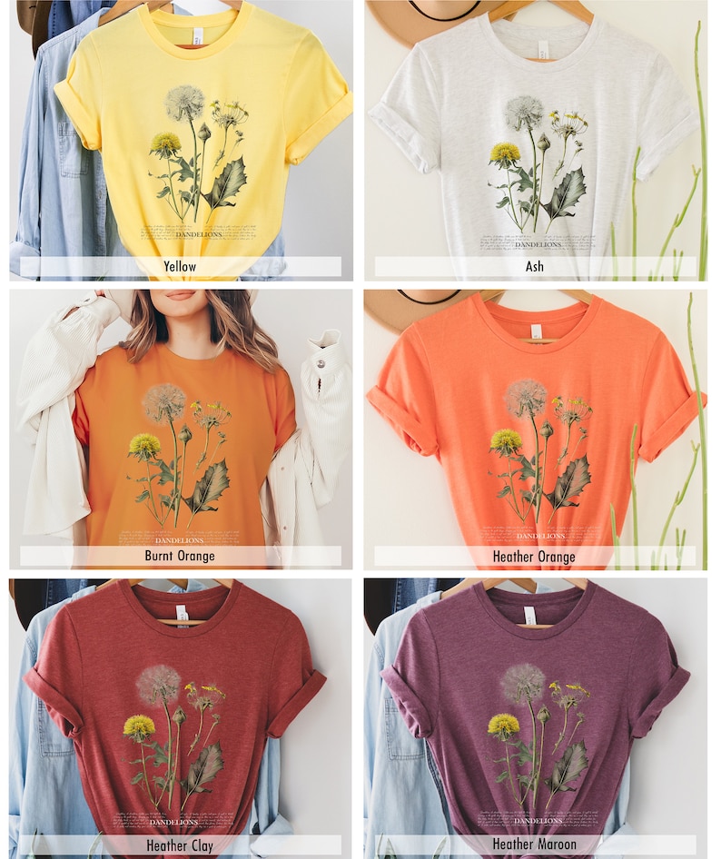 May include: A set of six t-shirts featuring a vintage botanical illustration of dandelions. The shirts are available in yellow, ash, burnt orange, heather orange, heather clay, and heather maroon.