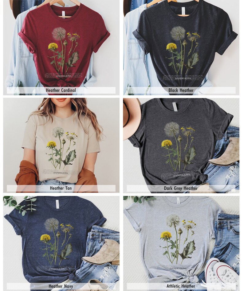 May include: A collection of t-shirts featuring a vintage botanical illustration of dandelions. The shirts are available in a variety of colors, including heather cardinal, black heather, heather tan, dark grey heather, heather navy, and athletic heather.
