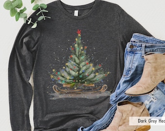 Christmas Long Sleeve Shirt, Holiday Shirts, Winter Shirt, Christmas Tree with Sleigh Shirt, Pine Tree Shirt, Camping Shirt, Xmas Shirts