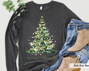 Merry and Bright Trees Long Sleeve Shirt, Christmas Trees Shirt, Christmas Lights Shirt, Christmas TShirt, Shirts For Christmas