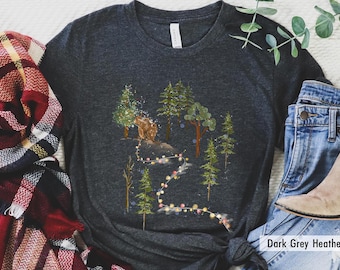 Bear Christmas T-Shirt with Lights, Cute Bear Walking in Snowy Christmas Tree Forest, Holiday Winter Wildlife Tee Design for T-Shirts