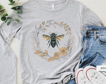 Bee Long Sleeve Shirt, Bee Botanical Shirt, Cute Bee Shirt, Bee Lover Tshirt, Wildflower Plant Shirt, Honey Bee Tee, Gift for Beekeeper