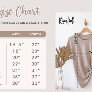 May include: Size chart for a unisex short sleeve crew neck t-shirt. The chart shows sizes XS through 3XL with corresponding width and length measurements in inches.