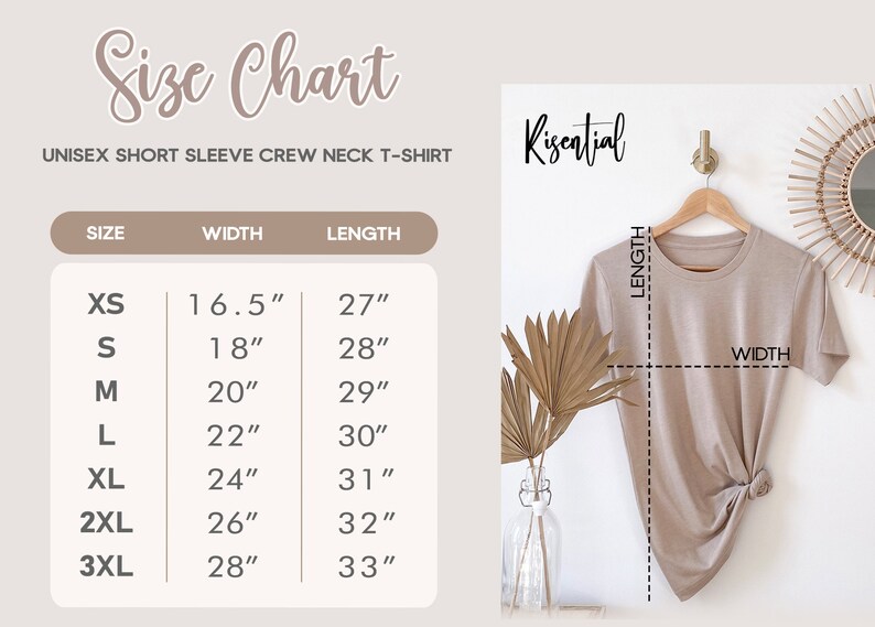 May include: Size chart for a unisex short sleeve crew neck t-shirt. The chart shows sizes XS through 3XL with corresponding width and length measurements in inches.