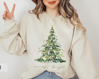 Christmas Tree Sweatshirt, Christmas Light Sweatshirt, Christmas Sweater Winter Crewneck Christmas Tree Sweatshirt Holiday Sweaters Women