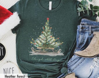 Women's Christmas Shirt, Christmas Tree with Sleigh Shirt, Pine Tree Shirt, Christmas Tree Shirt, Camping Shirt, Christmas tree Shirts
