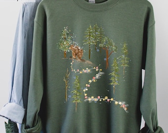 Bear Sweatshirt with Christmas Lights, Cute Bear Walking in Snowy Christmas Tree Forest, Holiday Winter Wildlife Tee, Xmas Gift