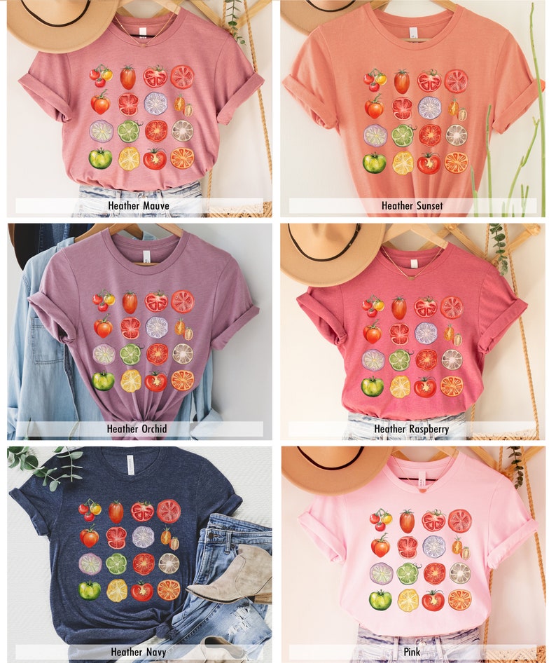 May include: A set of six t-shirts featuring a colorful graphic of sliced tomatoes, limes, and green peppers. The shirts are available in Heather Mauve, Heather Sunset, Heather Orchid, Heather Raspberry, Heather Navy, and Pink.