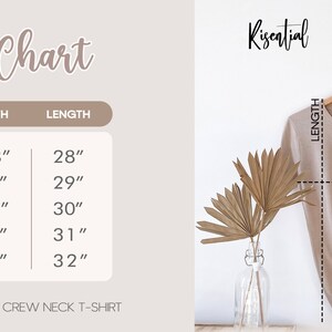 May include: Size chart for a unisex short sleeve crew neck t-shirt. The chart shows the width and length in inches for sizes S, M, L, XL, and 2XL.