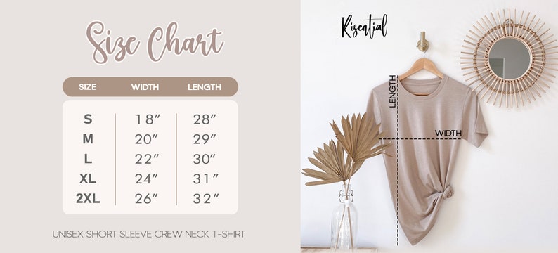 May include: Size chart for a unisex short sleeve crew neck t-shirt. The chart shows the width and length in inches for sizes S, M, L, XL, and 2XL.
