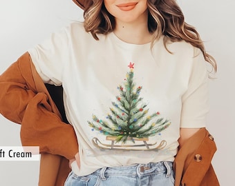 Christmas tree tshirt, Christmas Tree with Sleigh Shirt, Trees Tee, Pine Tree Shirt, Pine Tree T Shirt, Camping Shirt, Nature Lover Gift