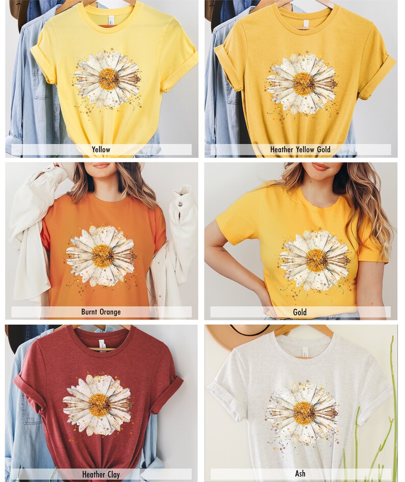 Pode incluir: Seis t-shirts de diferentes cores com uma estampa de margarida em aquarela. As cores s&atilde;o amarelo, amarelo dourado mesclado, laranja queimado, dourado, argila mesclada e cinza.