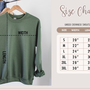May include: Size chart for a unisex crewneck sweatshirt. The chart shows the width and length measurements in inches for sizes S, M, L, XL, 2XL, and 3XL.