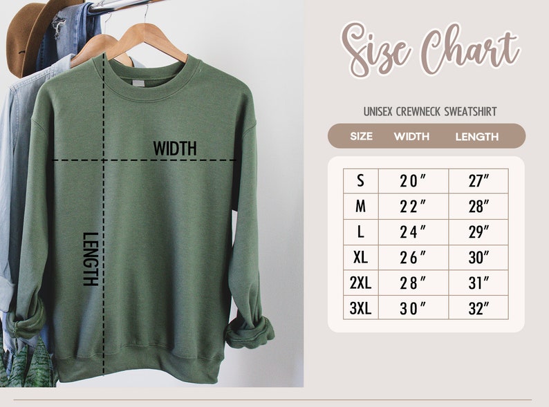 May include: Size chart for a unisex crewneck sweatshirt. The chart shows the width and length measurements in inches for sizes S, M, L, XL, 2XL, and 3XL.