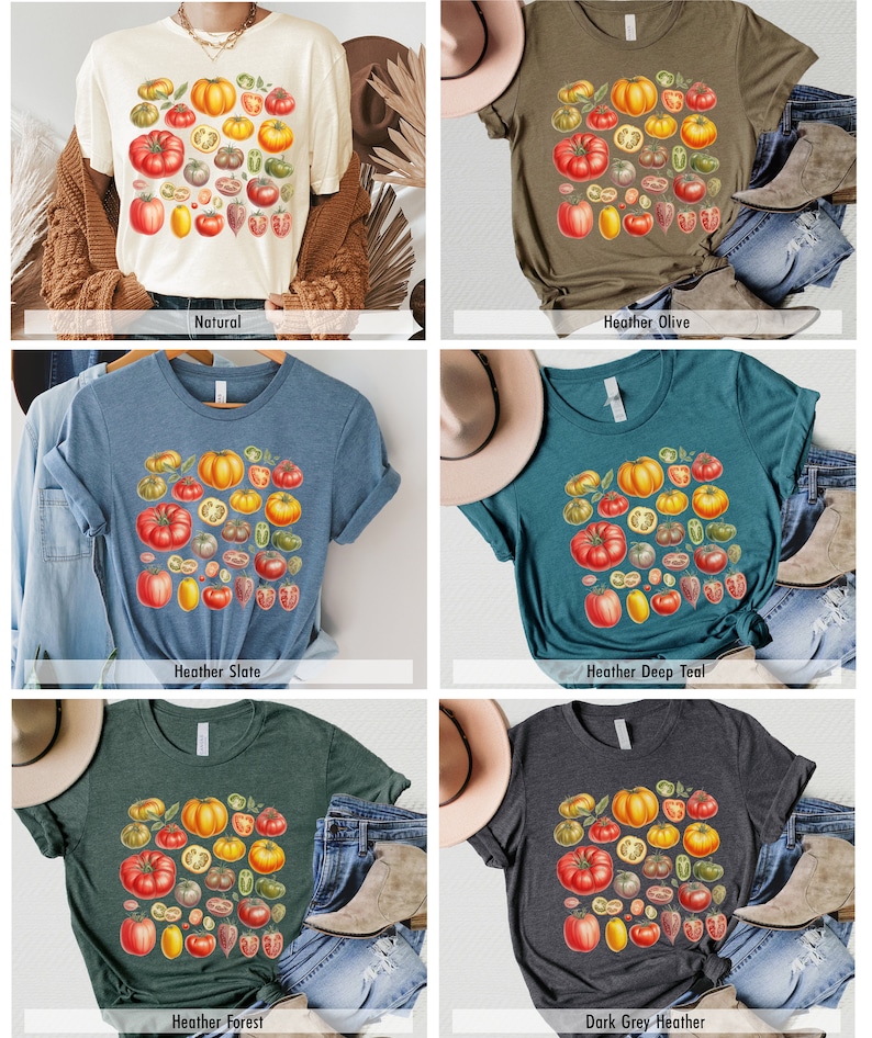 May include: A t-shirt with a vintage illustration of tomatoes, peppers, and other vegetables. The shirt is available in six colors: natural, heather olive, heather slate, heather deep teal, heather forest, and dark grey heather.