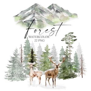 Albero della foresta dell’acquerello Clipart, pino del bosco, cervo, PNG, alberi di pino con clip art digitale di montagna di neve. Invito a nozze Biglietto di Natale
