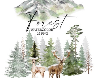 Watercolor forest tree Clipart Woodland pine tree Deer PNG Pine trees with snow Mountain digital clip art. Wedding invitation Christmas card