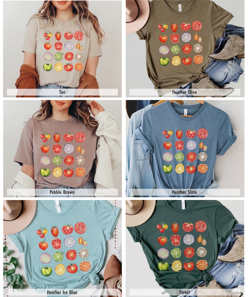 May include: A t-shirt with a graphic of sliced tomatoes, limes, and onions. The shirt is available in six colors: tan, heather olive, pebble brown, heather slate, heather ice blue, and forest.