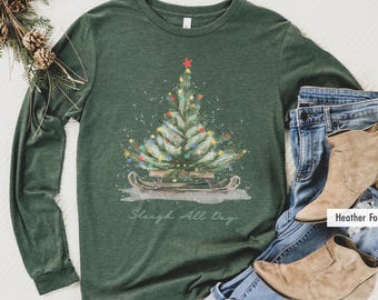 Christmas Long Sleeve Shirt, Holiday Shirts, Winter Shirt, Christmas Tree with Sleigh Shirt, Pine Tree Shirt, Camping Shirt, Xmas Shirts