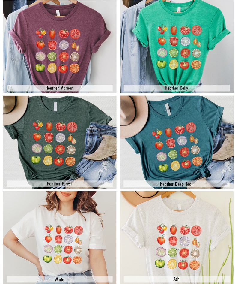 May include: A set of six t-shirts featuring a colorful graphic of sliced tomatoes, onions, limes, and green peppers. The shirts are available in Heather Maroon, Heather Kelly, Heather Forest, Heather Deep Teal, White, and Ash.