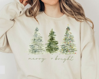 Pine Tree Sweatshirt, Merry and Bright Sweatshirt, Christmas Sweatshirt, Winter Shirt, Christmas Tree Shirt, Christmas Sweatshirts for Women
