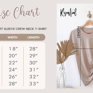 May include: Size chart for a unisex short sleeve crew neck t-shirt. The chart shows the width and length in inches for sizes S, M, L, XL, 2XL, and 3XL.