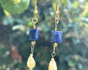 Golden Illumination 14k Gold earrings: Lapis Lazuli, Gold Rutilated Quartz, Yellow Sapphire.