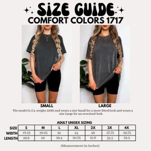 May include: Size guide for Comfort Colors 1717 t-shirts. The image shows two models wearing gray t-shirts and black shorts. The size chart provides measurements in inches for adult unisex sizing, ranging from S to 4X.