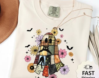Comfort Colors® Retro Patchwork Halloween Ghost Sweatshirt, Halloween Pumpkin Shirt, Spooky Season Sweater, Halloween Cute Women Outfit