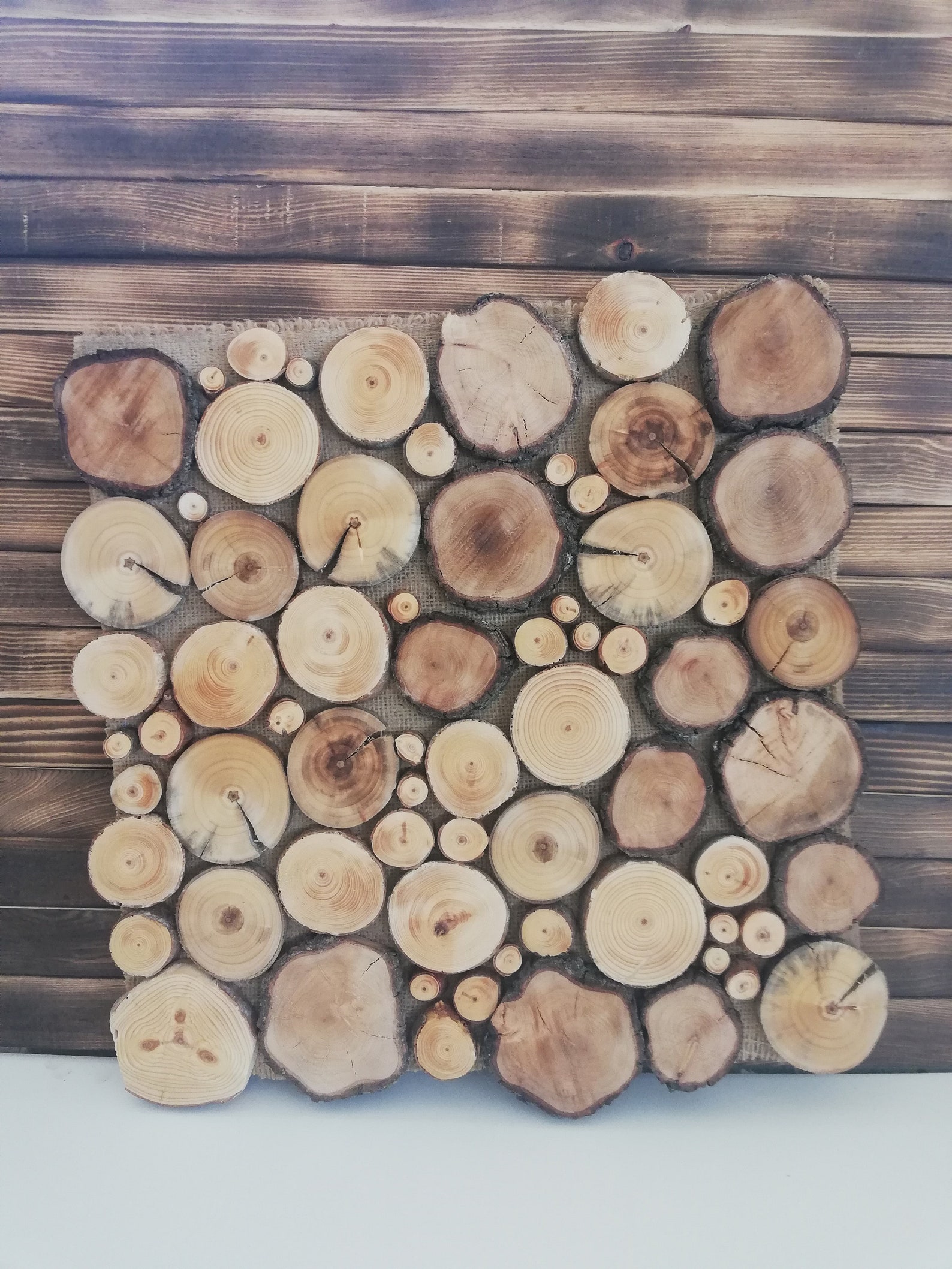 Wood Slice Wall Art 17 x 17 Wicker Fabric And Log Etsy