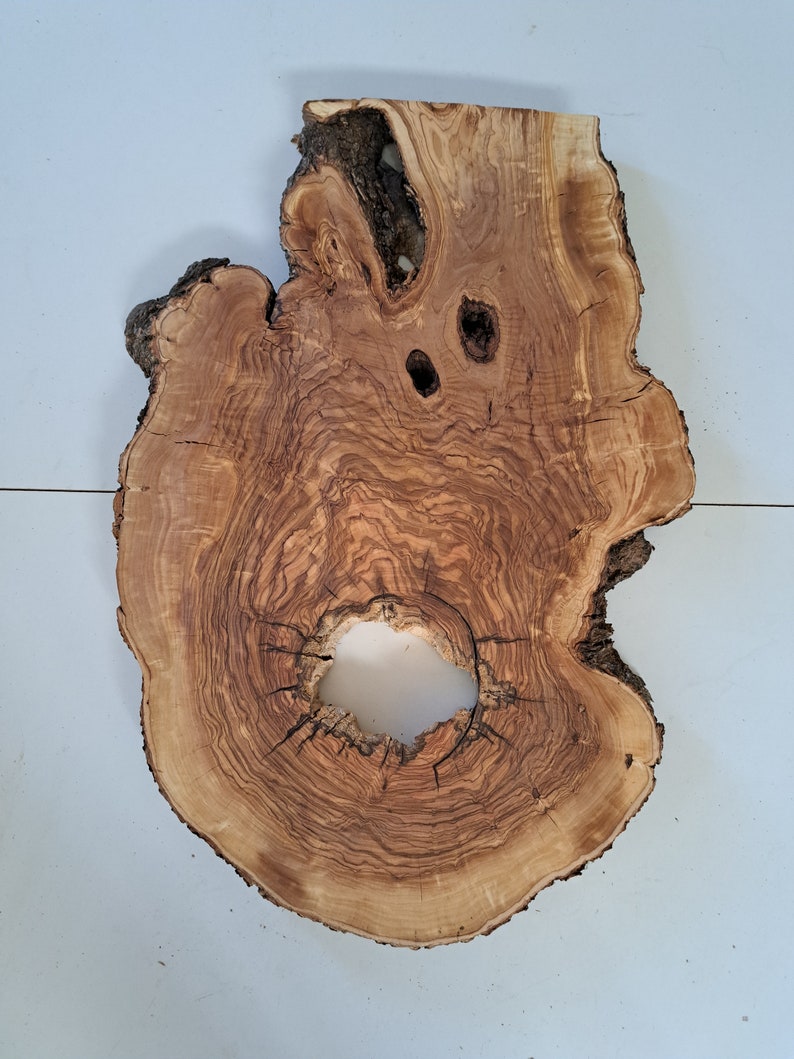 Unique Olive Live Edge Wood Slab live edge Olive burl Hole wood slice huge Wood Cookie Round Unfinished Raw Live Edge Wood Sanded Varnished image 10