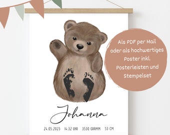 Personalisiertes Fußabdruck-Geburtsposter Bär Persönliches Babygeschenk mit Fußabdruck-Set