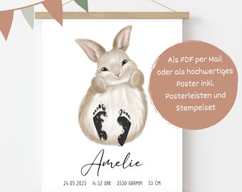 Personalisiertes Fußabdruck-Geburtsposter Hase Persönliches Babygeschenk mit Fußabdruck-Set