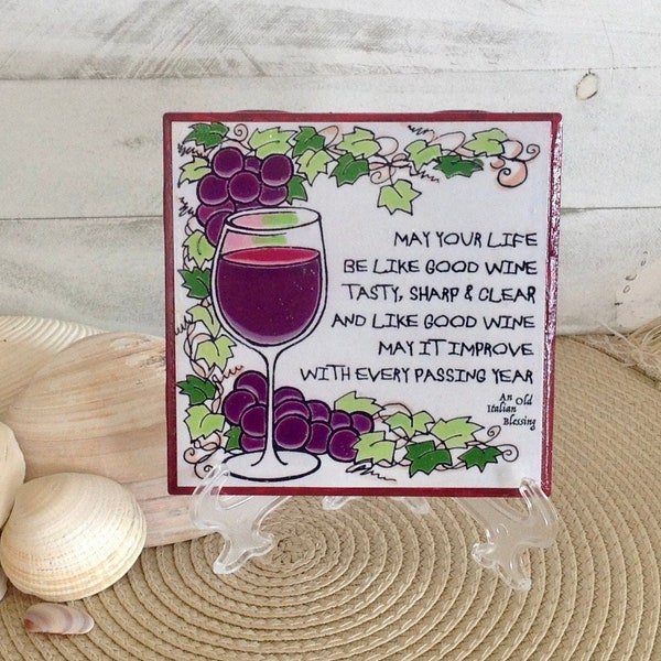 An OLD ITALIAN BLESSING.  4.25x4.25" Handcrafted Ceramic Tile Sign with Easel/Stand