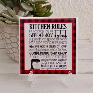 Cute KITCHEN RULES Sign With Red and Black Buffalo Check Border. Handcrafted Tile Sign with Easel/Stand