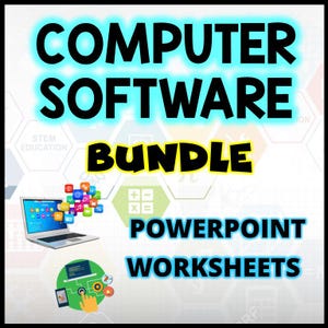 May include: A colourful image with the text "COMPUTER SOFTWARE BUNDLE" in blue and black. The image also includes the text "POWERPOINT WORKSHEETS" in blue and black. The image features a laptop with colourful icons and a green circle with a hand pointing at a computer screen.