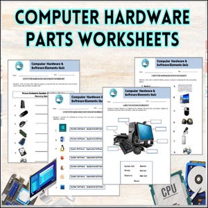 Pode incluir: Folhas de trabalho de hardware de computador com o título "COMPUTER HARDWARE PARTS WORKSHEETS" em turquesa. As folhas incluem diagramas e exercícios de preenchimento sobre componentes de computador.