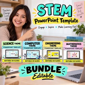 May include: A STEM PowerPoint template bundle featuring four distinct themes: Science, Computer, Engineering, and Mathematics. Each theme includes 20 editable slides displayed on laptop screens. The text reads STEM PowerPoint Template, Engage, Inspire, Make Learning Fun, and BUNDLE Editable.
